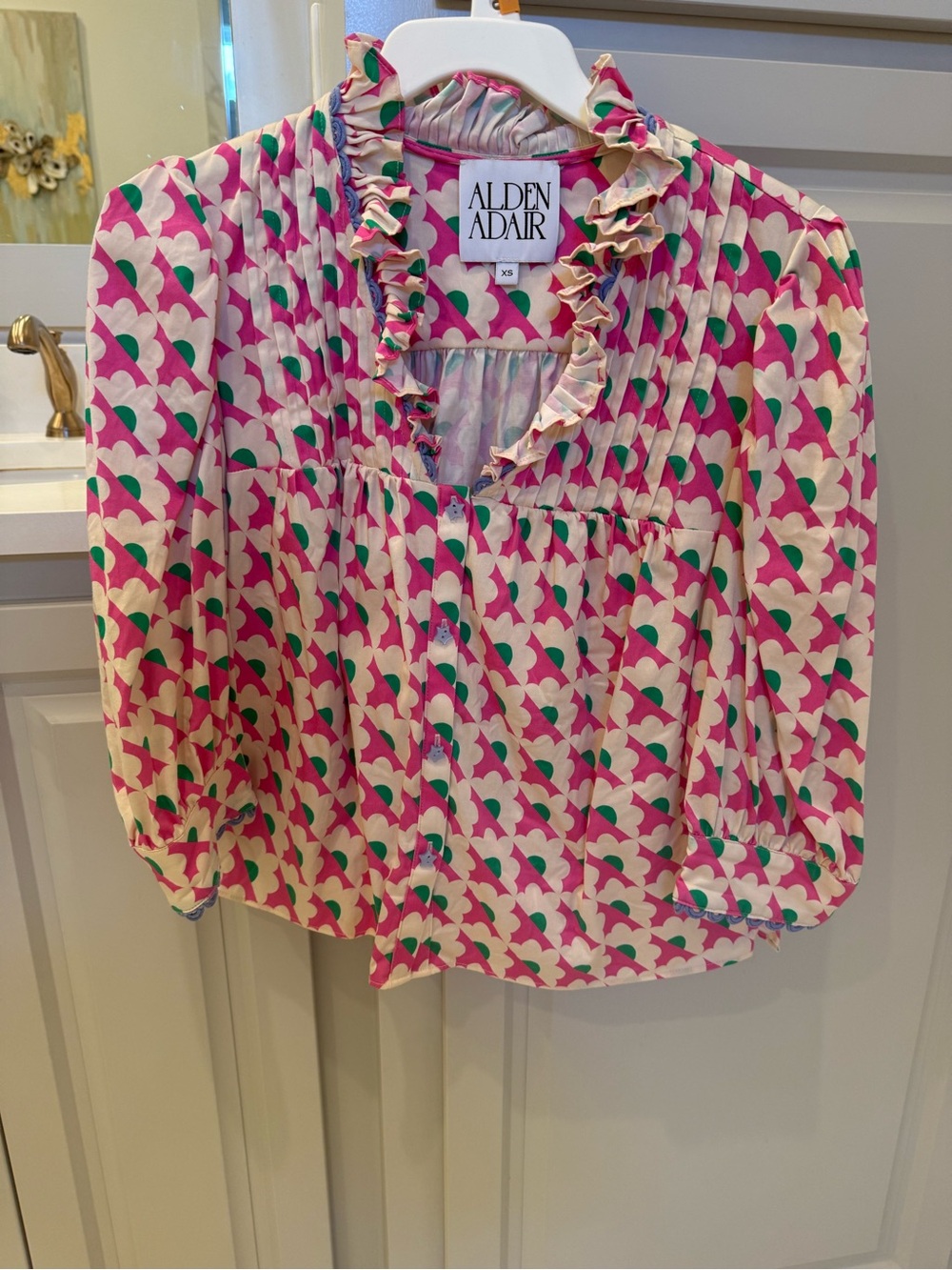 Alden Adair Pink & Green Ruffle Neck Blouse